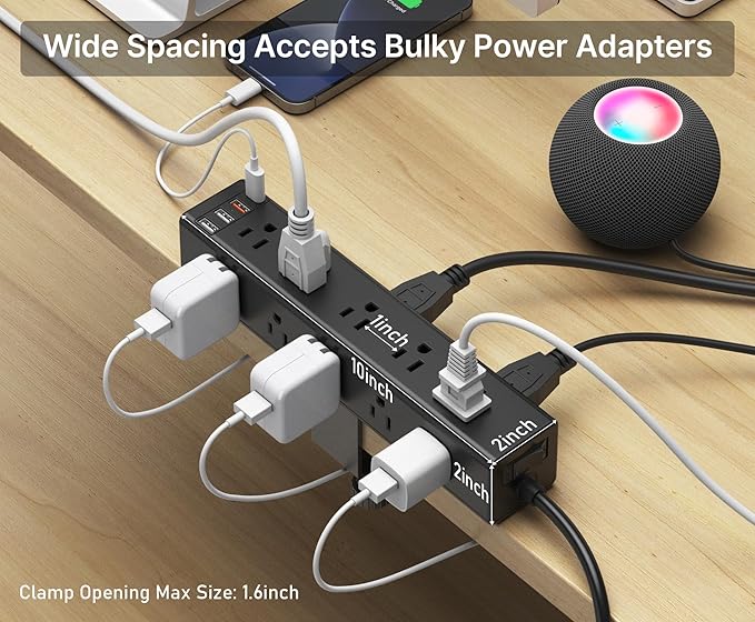 CCCEI Standing Desk Clamp Power Strip with 15 Outlets, Widely Spaced Desktop Edge Mount Surge Protector Outlet, Fast Charging USB-A and USB-C Ports, 4 FT Flat Plug, Black Fit 1.6 inch Table top.
