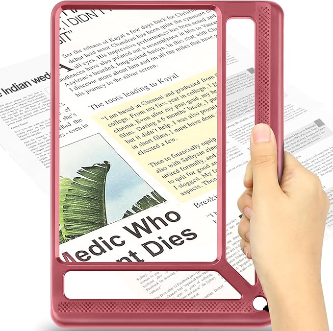 5X Full Page Magnifying Glass for Reading, Lightweight Rectangular Magnifier Provides Large Book Page Viewing Area, Handheld Magnifier for Reading Small Prints for Seniors, Low Vision-Red