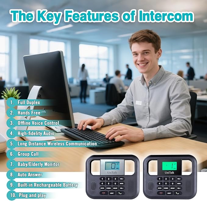 UniTalk Wireless Intercoms for Home & Office, Two-Way Real-time Full-Duplex Voice System with Offline Voice Control,Group Call & Monitor Function, Clear Sound, Long Range Up to 1/4 Mile (UT-001-1F1P)