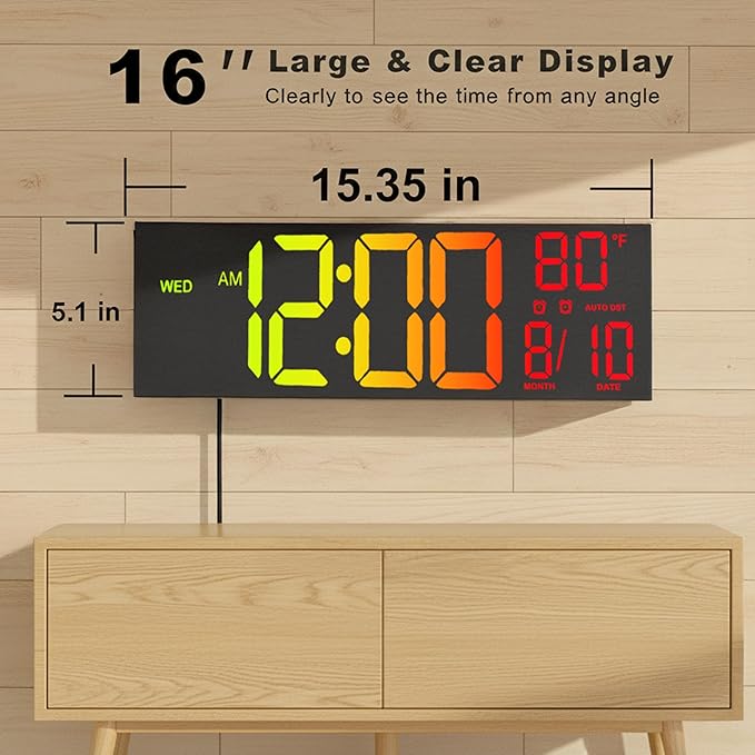 JALL 16" Large Digital Wall Clock, RGB Color with Big LED Display,Remote Control, DST, Count Down Timer, Alarm, Temperature, Mounted for Classroom, Living Room, Birthday Gift, Senior