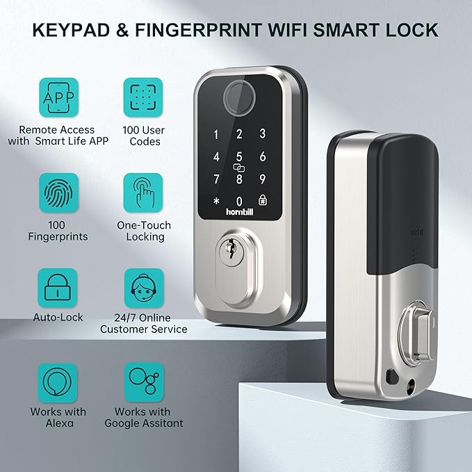 Hornbill WiFi Smart Lock Deadbolt, Keyless Entry Front Door Lock, Fingerprint Electronic Deadbolt Compatible with Alexa, Touchscreen Keypad Code Unlock for Home Office Hotel