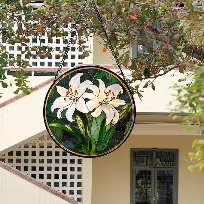 CRISGIF Stained Glass Window Hanging, White Lily Suncatcher for Door Garden Patio Birth Flower Green Plant Sun Catchers Decor Christmas Mother's Day Birthday Gifts for Women Mom Nana Friend 15 in