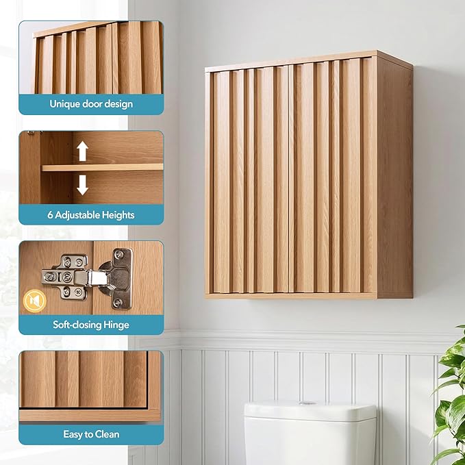 Fluted Wall Cabinet for Bathroom, Modern Wood Hanging Storage Organizer with Push-to-Open Doors, Sturdy 15mm Thick Board, Adjustable Shelves, Over Toilet Medicine Cabinet, Natural Oak Finish