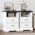Nightstand with Charging Station Set of 2,18" Wide End Table with 2 Drawers & Metal Handles,Rustic Farmhouse Wood Small Dresser,Bedside Table,Modern Chest of Drawers for Bedroom,Living Room, Off White