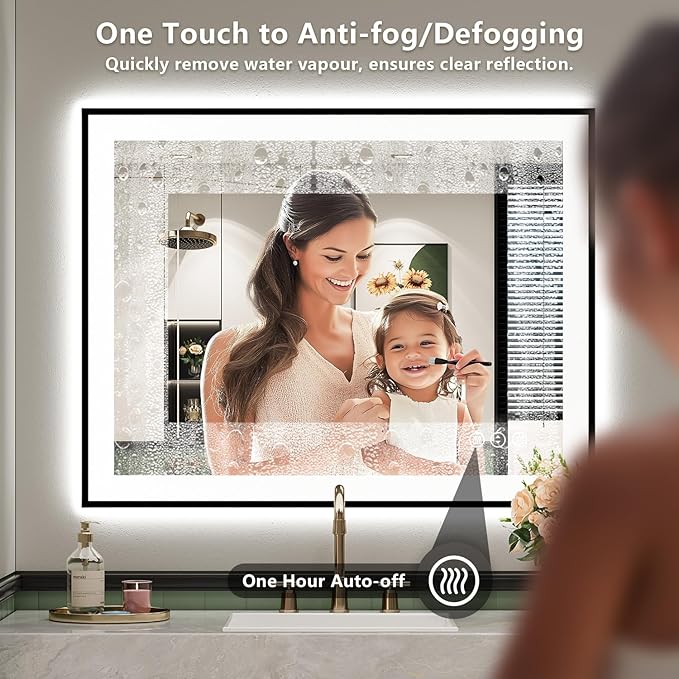 YEELAIT 36x36 Inch LED Bathroom Mirror with Lights (Front Lit and Backlit) Black Framed Lighted Vanity Mirror for Bathroom Wall Dimmable Anti-Fog Memory Tempered Glass Horizontal/Vertical