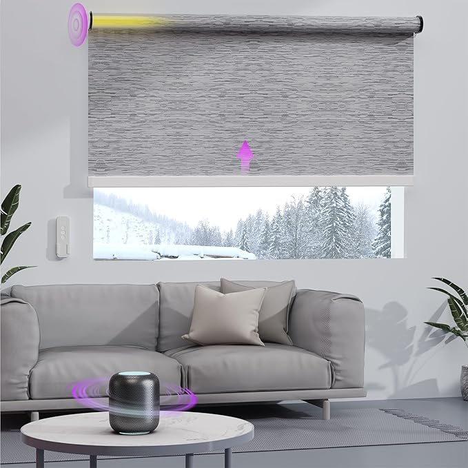 Astomi Motorized Roller Shades for Windows, Blackout Automatic Blinds with Remote, Smart Blinds, Voice Control, Compatible with Alexa, Google, Custom Size, Jacquard Grey