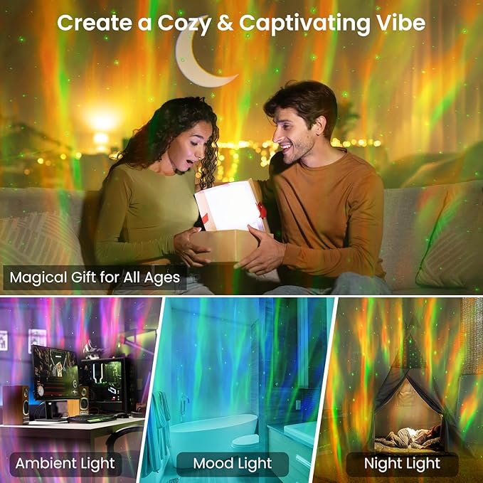 HUMIIEYE Galaxy Projector with Bluetooth Speaker, Night Light Star Projector for Bedroom, 8 Modes Northern Lights Aurora Projector with Moon, Mood Ambient Lighting for Kids Adults Room, Cord Powered