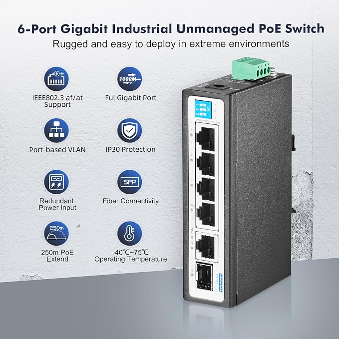 6 Port Mini Gigabit Industrial DIN-Rail PoE Switch, 4 x 100/1000Mbps POE Ports - Image 2