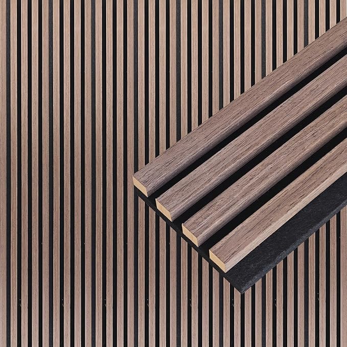 NeatiEase Wood Wall Panels, 9 Feet Acoustic Slat Wall Panels for Interior Wall Decor and Noise Reduction, Decorative Slat Wall Paneling, Smoked Oak, 4-Piece