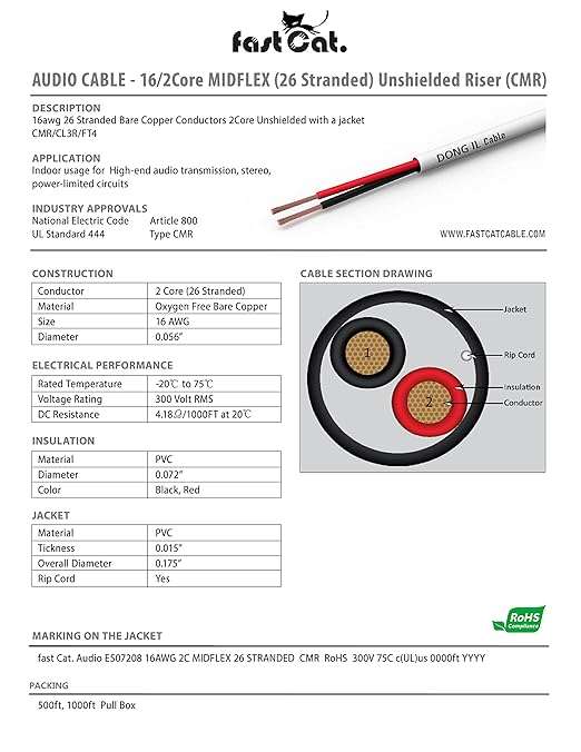 fast Cat. Speaker Wire 16 Guage 2C, UL Listed & CMR/CL3R-FT4 Rated - Speaker Cable w/PVC Jacket, 100% Oxygen-Free Pure Bare Copper - (26) HighFlex 16 Guage Wire - in-Wall Use-500ft Bulk Cable, Blue