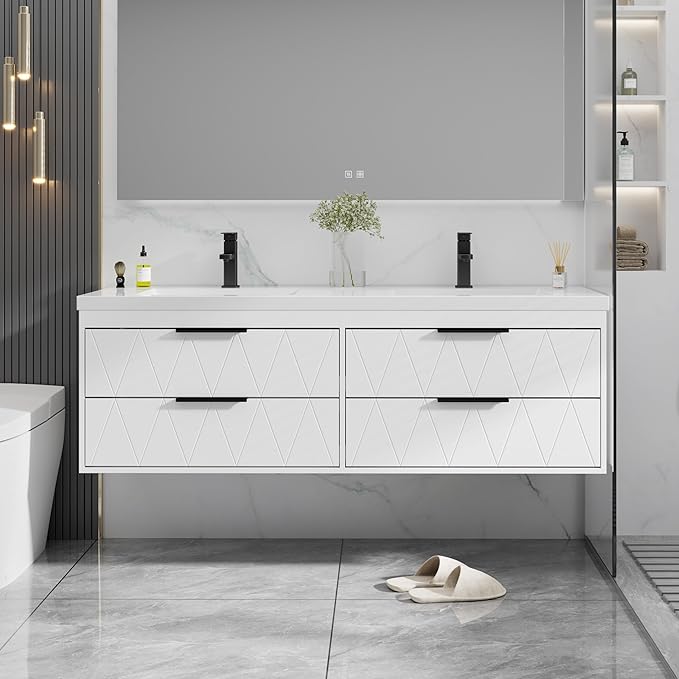 eclife 60" Bathroom Vanities Cabinet with Sink Combo, Wall Mounted Floating Cabinet W/Decor Line, Soft-Close System, 4 Extra Big Drawers, Matte Black Faucet, White