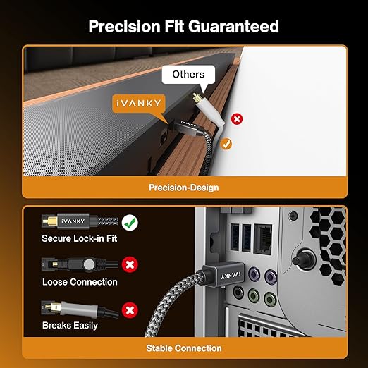 IVANKY Optical Audio Cable 3.3ft/1M Digital Audio Optical Cable for Soundbar, S/PDIF Toslink Fiber Optic Cord [Braided, Gold-Plated Connectors, CL3 Rated] for TV, Samsung, Xbox/PS4, Sonos-Grey