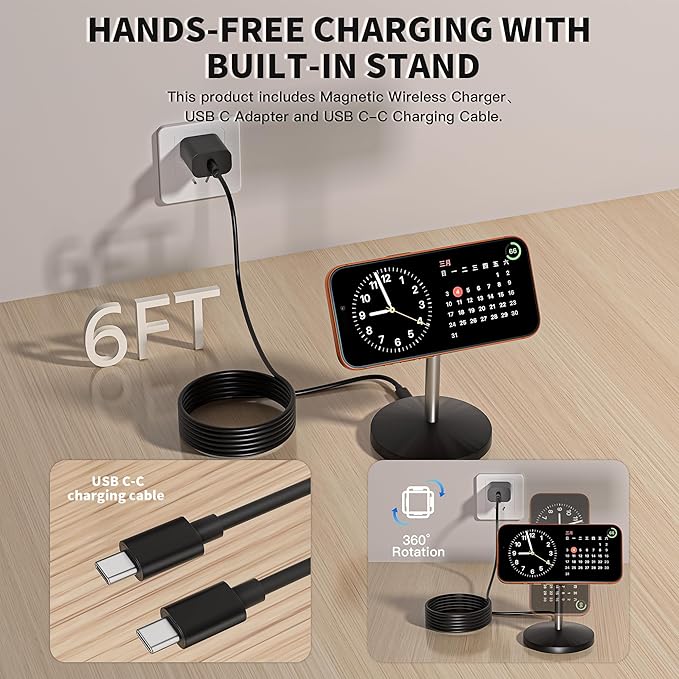Magnetic Wireless Charging Station,25W Fast Charger 6FT Mag safe Wireless Station Pad,[Qi2.2 Certified] 360° Charger Stand for iPhone 17/17 Pro/Air/17 Pro Max/16 Pro Max/15/14/13/12, AirPods Pro 2/3/4