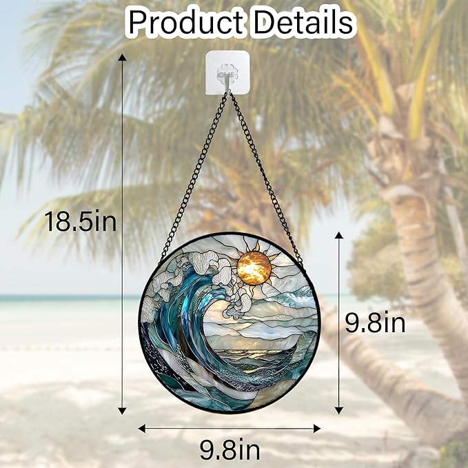 DASTOLL Stained Glass Window Hanging, Blue and White Waves Suncatcher Diamond Glass Panel Landscape Sun Catchers Decor for Birthday for Women, Men, Wife, Aunt, and Mom 9.8 in