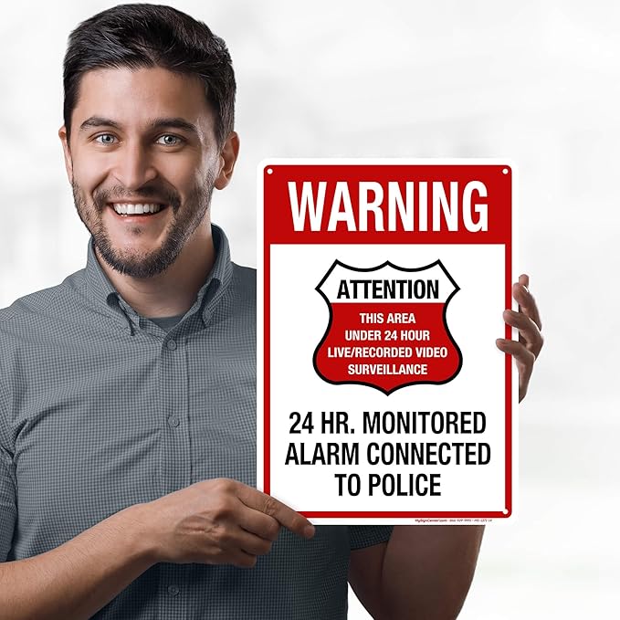 Warning 24 HR. Monitored Alarm Connected To Police Sign, 10x14 Inches, 55 mil thick HDPE (high density polyethylene), Made in USA by My Sign Center