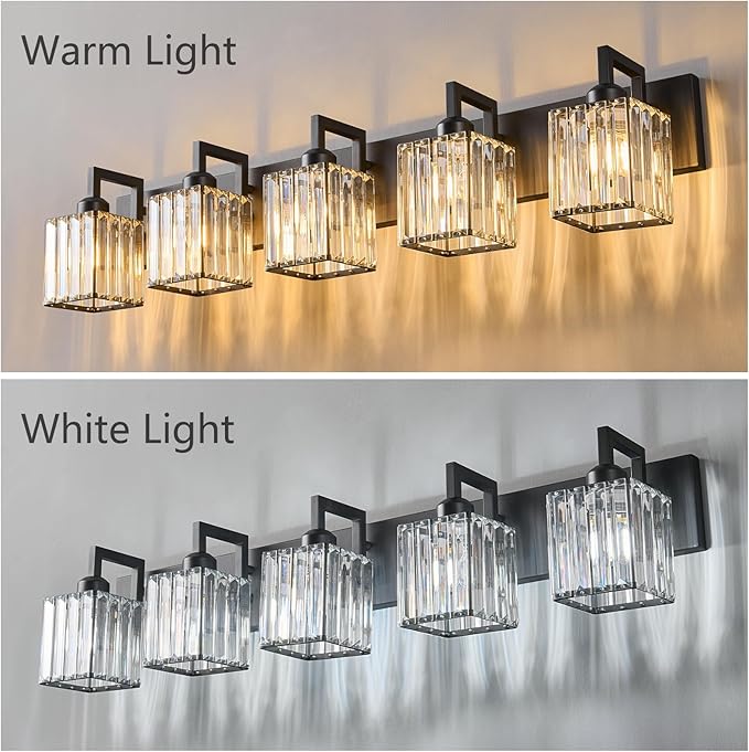 FDPBY Black Bathroom Light Fixture, 5-Light Crystal Vanity Lighting, Bathroom Lighting Fixtures Over Mirror, Modern Crystal Wall Lamp