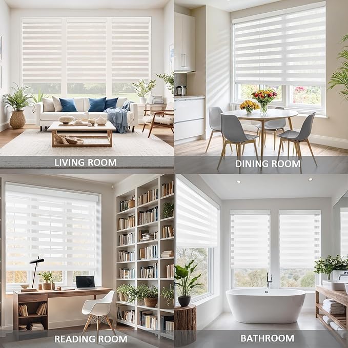COOLWINDS Motorized Zebra Blinds for Windows Cordless Electric Curtains with Remote Control Blackout Shades Custom Smart Blinds Compatible with Alexa Google Home(Light Filtering White,Custom Size)