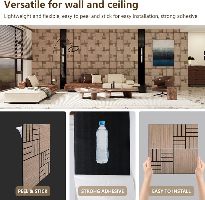 ARMURO 4 Packs Acoustic Wall Panels - Self-Adhesive 3D Wood Slat Wall Panel- Peel and Stick Sound Absorbing Panels for Noise Reducing - Feature Wall Decor for Home & Office