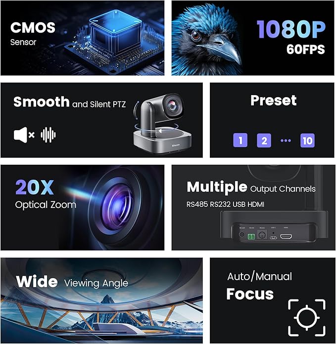 PTZ Camera with 20X Optical Zoom HDMI/USB3.0 Wide View Angle 1080P for Video Conference Meeting Church Live Streaming Education Works with Zoom Webex OBS YouTube Red Dot Design Winner