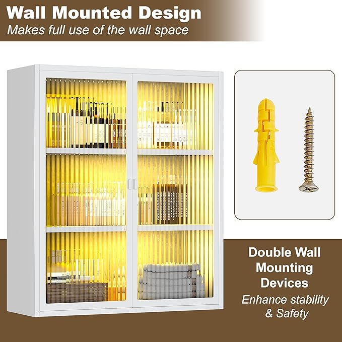Bathroom Wall Cabinet Over Toilet, Metal Laundry Room Cabinets Wall Mounted, Metal Medicine Cabinets with Glass Doors, Hanging Wall Cabinets for Living Room, White