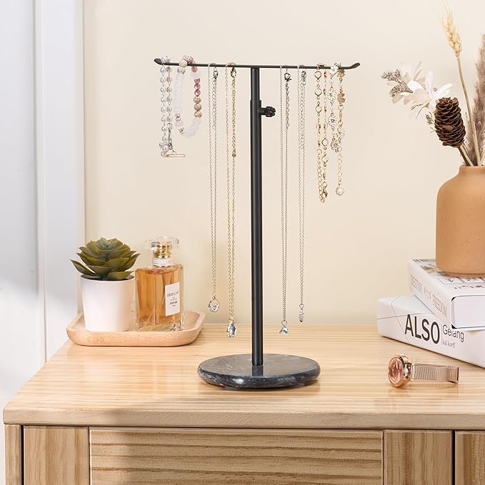 Josmimic Black Necklace Holder Jewelry Organizer Stand – Adjustable Height T‑Bar Jewelry Display with Dark Gray Marble Base, Necklace & Bracelet Holder, Countertop Jewelry Rack
