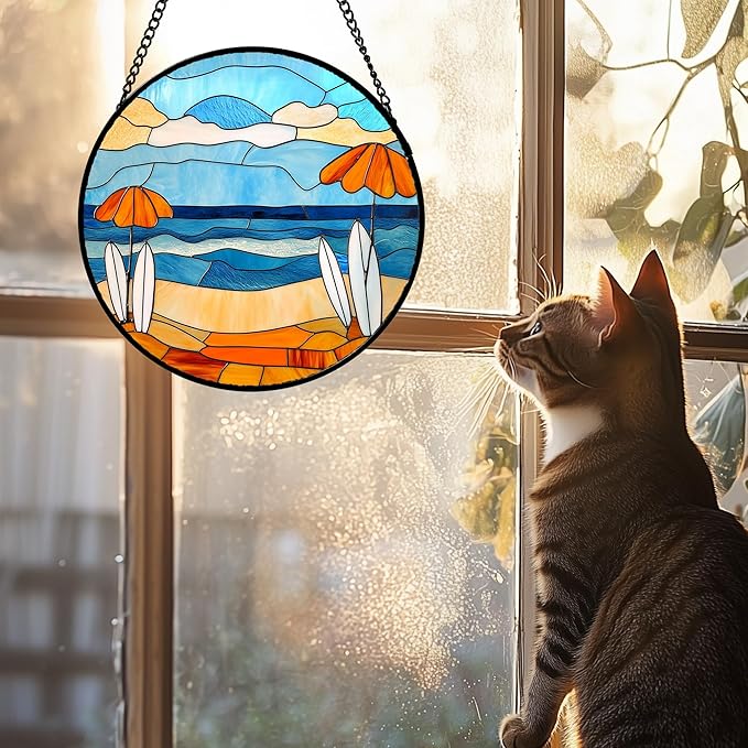 AMDERVEN Stained Glass Window Hanging 4 Pcs Set Blue Ocean Surfing Beach Large 15" - Suncatcher Door Garden Sun Catcher Decor Birthday Mother's Day for Firefighte Men Woman Nana Mom