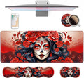 4 in 1 Ergonomic Keyboard Wrist Rest & Mouse Pad Wrist Rest Set, Large XXL Gaming Desk Mat 31.5"x 11.8" with Non-Slip Base, Memory Foam for Home Office Study Gaming, Sugar Skull Girl Roses
