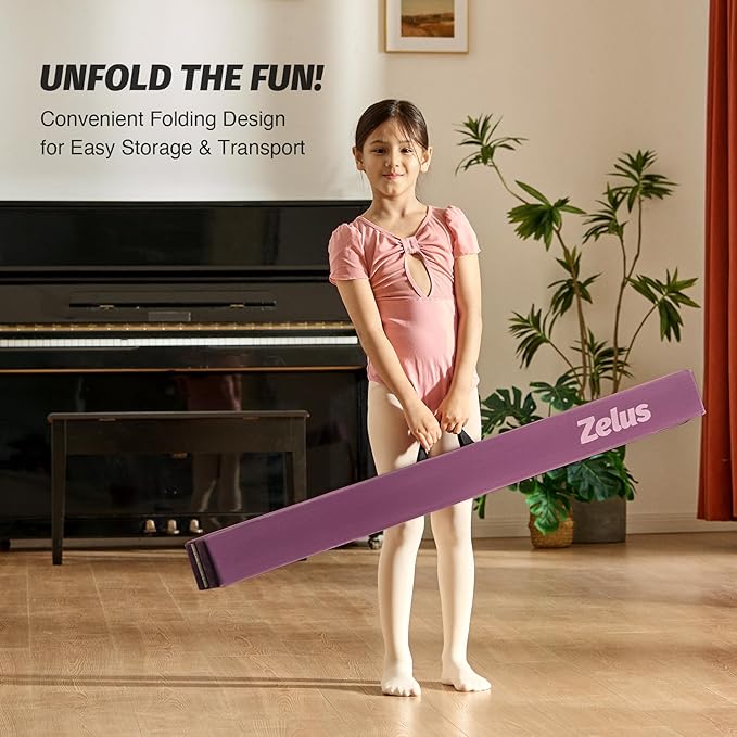 ZELUS 8' Folding Gymnastics Balance Beam, Floor Balance Beam w/Carry Handles Anti-Slip Base for Kids, Beginners & Professional Gymnasts