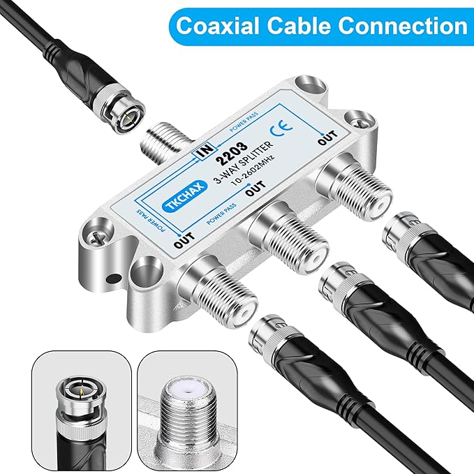TKCHAX 3 Way Coaxial Cable Splitter,Support 10-2602MHz, RG6 Compatible, Nickel-Plated for Cable Splitter,Work with CATV, Satellite TV,Antenna System and MoCA Configurations