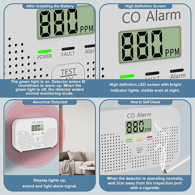 Carbon Monoxide Detector Powered by AA Battery (not Included),CO Monitoring Alarm with LCD Display Screen, Used for Home Basement Kitchen, Hotel Garage, Bedroom, Living Room Voice Alarm 1 Pack
