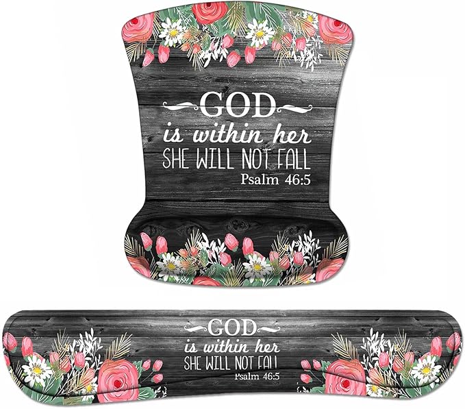 Ergonomic Mouse Pad Wrist Support and Keyboard Wrist Rest Set with Coasters, Non-Slip PU Base, Easy Typing and Relieve Wrist Pain for Home Office Working Studying, Floral Quote Bible Verses Psalm 46:5