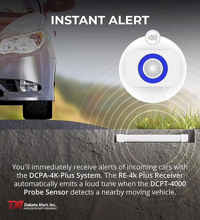 Dakota Alert Driveway Alarm Sensor - DCPA-4k Plus Driveway Alarms Wireless Outside Weatherproof Alert System, 1-Mile-Long Range Sensors, Receiver & Vehicle Detecting Probe Transmitter & 50' Wire