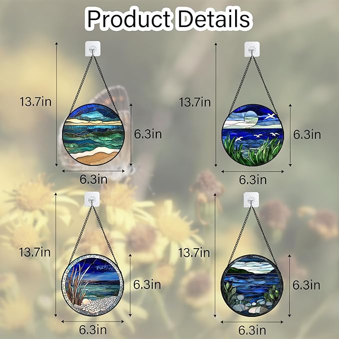 AMDERVEN Stained Glass Window Hanging 4 Pcs Set Navy Blue Ocean Landscape 6.3" - Suncatcher Door Garden Sun Catcher Decor Birthday Mother's Day for Mom Woman Nana Girl Boy Friend