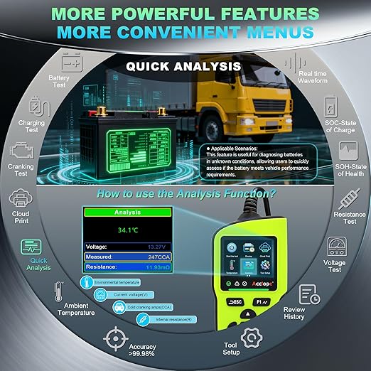 Acclope BT90 PRO 2-360Ah Battery Tester with Cloud Printing, 30-3800 CCA, 6V/12V/24V Digital Analyzer, SOH/SOC/Volt/Res/Cranking&Charging Test, Real‑Time Ambient Temp, AGM/EFB/Gel/Li