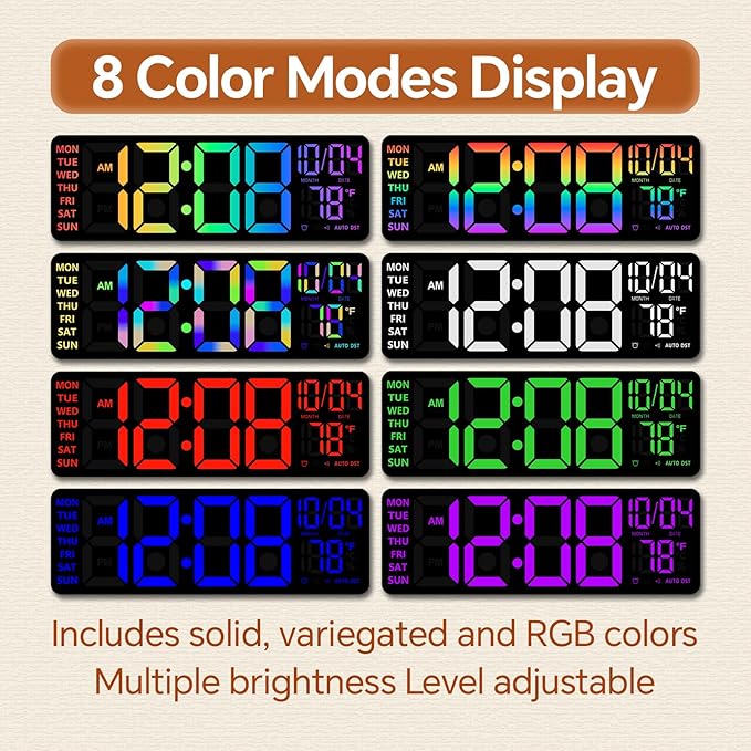 16" Digital Wall Clock with Night Light, Digital Clock with RGB Colors Changing Remote Control, Dual Alarm, Dimmer, Auto DST, Voice Control, Auto Time Sync, Clocks for Living Room, Gift for Elderly