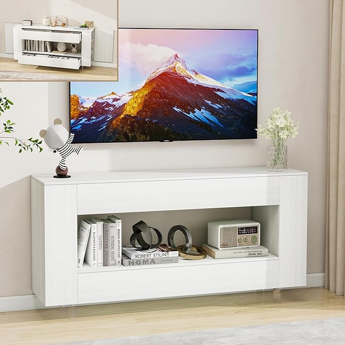 Vavkorkula TV Stand for 65 Inch with 2 Large Drawers & Hidden Storage Cabinets, Modern Farmhouse Entertainment Center Television Stands for Living Room Bedroom, White
