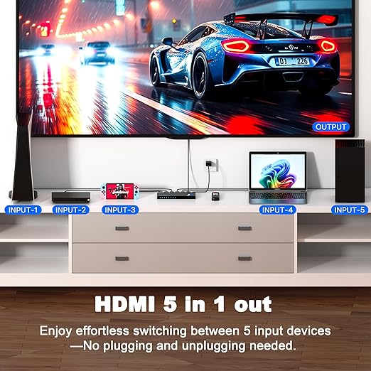 JCHICI HDMI Switch 5 in 1 Out 8K@60Hz 4K@120Hz - HDMI 2.1 Switcher Splitter with Remote, Auto-Switching - Supports HDCP 2.3, HDR10, Dolby Vision, 3D, VRR - Compatible with PS5/Xbox/PC/Blu-ray Player