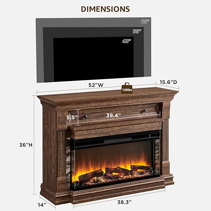 OKD 52 Inch Electric Fireplace with Mantel, Fireplace TV Stand with 36" 3-Sided Glass Electric Fireplace Heater for Living Room (Brown)