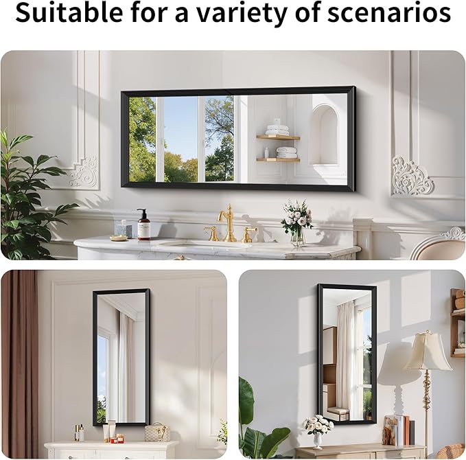 Black Bathroom Mirror 20 x 48 Inch Rectangle Wave Beveled for Wall Bathroom Vanity Mirror for Over Sink, Tempered Glass,for Entryway Hangs, Bathroom Living Room Horizontal or Vertical