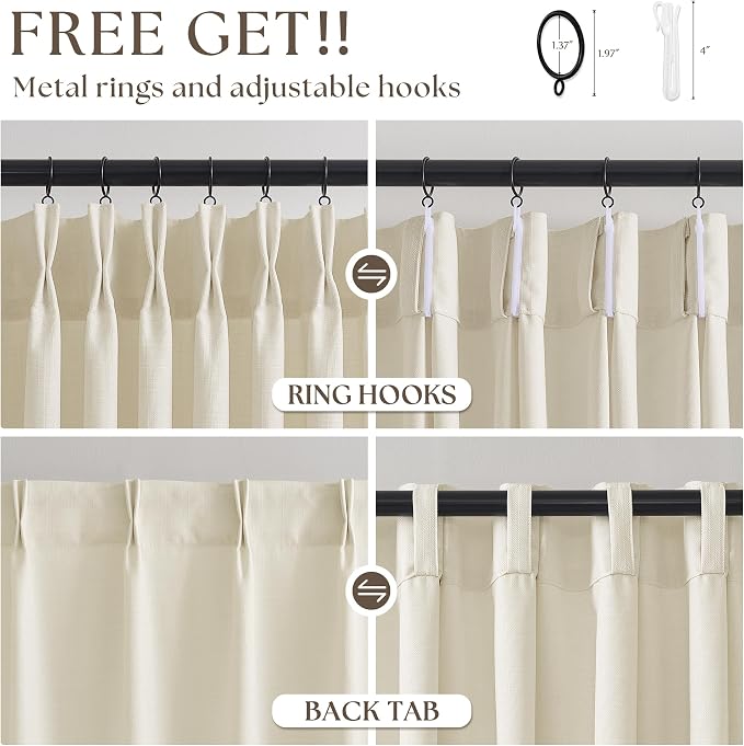 Cream Beige Pinch Pleated Linen Curtains 112 Inch 4 Panels Set - Image 5
