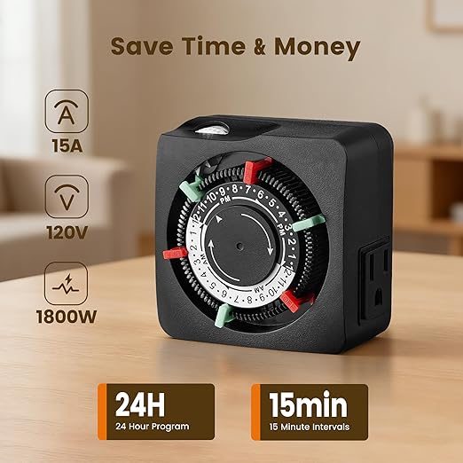 SURAIELEC Mechanical Timer with 2 Grounded Outlets, Indoor Electrical Plug in Timer with Trippers, 24-Hour Programmable and 3 Prong Outlets for Christmas Decorations, Plant Lights, Fan, 15A, Black