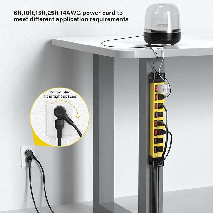 Power Strip with Individual Switches - 8 Outlet Heavy Duty Power Strip with Cord Manager,1200J Surge Protector Home Office Garage Industrial Workbench
