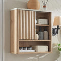 RedLemon Bathroom Wall Cabinet w/Fluted Sliding Door, Modern Medicine Cabinet w/Faux Marble Top & Adjustable Shelf, Curved Profile Wall Mounted Storage Organizer, Natural Oak Color