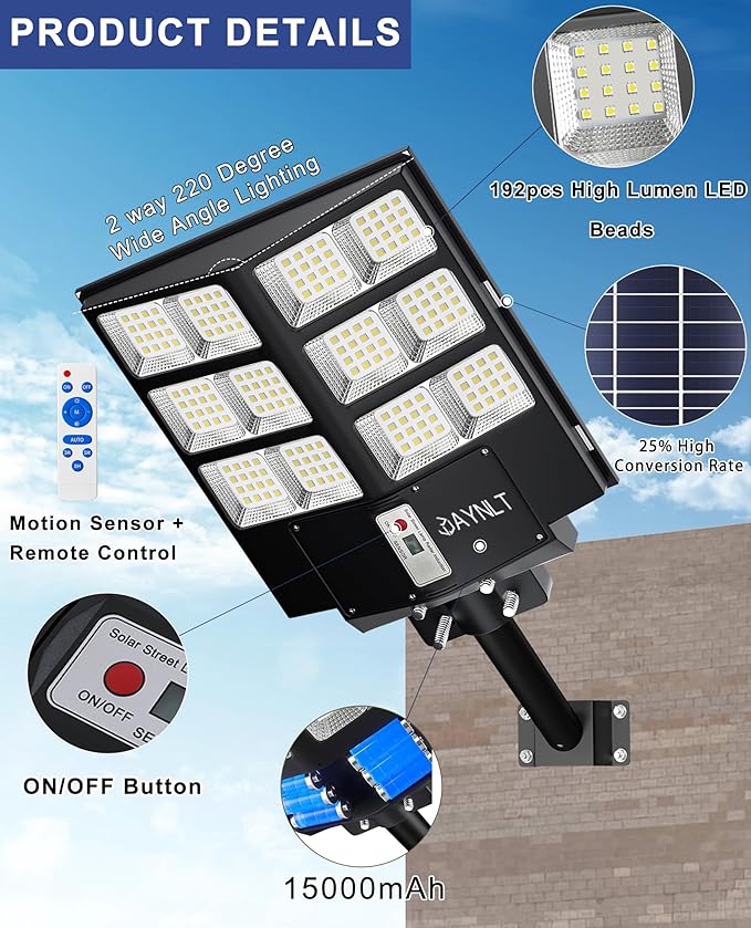 JAYNLT Y-2000W Solar Street Light, 200000LM 6500K Solar Flood Lights Outdoor Dusk to Dawn, 6500K IP67 Waterproof Parking lot Light Outdoor with Motion Sensor and Remote Control for Garage, Road