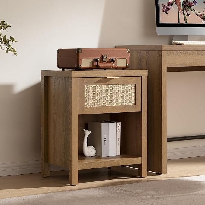 SICOTAS Rattan Night Stand with Charging Station - Farmhouse Nightstand with Type-C and USB Ports, Boho Accent Bed Side Table with Drawer and Open Shelf for Bedroom Small Space, Oak