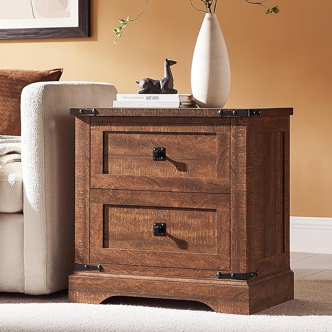 T4TREAM 24" Farmhouse Nightstand with Charging Station Set of 2, Large End Table with 2 Storage Drawers, Rustic Wood Sofa Bedside Table for Bedroom, Reclaimed Barnwood Color