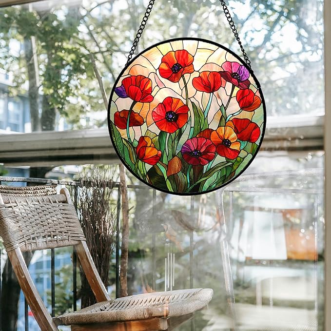 CRISGIF Stained Glass Window Hanging - Poppy Birth Flowers Suncatcher for Door Garden Yard Wildflowers Sun Catchers Decor Christmas Mother's Day Birthday Gifts for Women Mom Nana Friend 6.3 in
