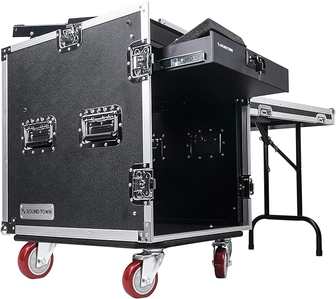 Sound Town High-Quality 1/2” (12mm) 12U PA DJ Pro Audio Rack/Road ATA Case with 11U Slant Mixer Top, Locking Drawer, Side Table, 20.2’’ Rackable Depth and Casters (STMR-12TD2)