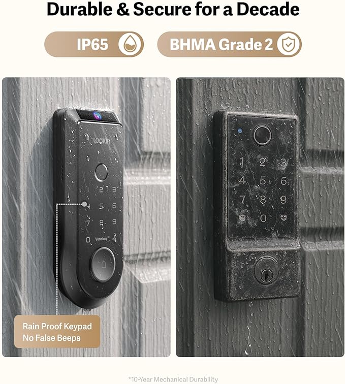 Lockin Veno Smart Deadbolt Lock with Dual Swappable Batteries for 14-Month Extended Power, Palm Vein & Fingerprint Keyless Entry, Built-in Wi-Fi, Doorbell, App Remote Control, IP65 Waterproof