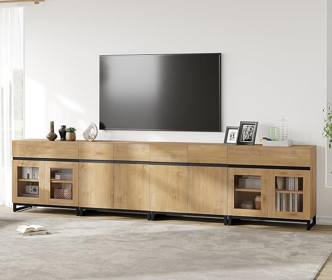 WAMPAT Modern TV Stand for TVs up to 120 inch, 4 in 1 TV Console with Glass Doors and 2 Drawers, Entertainment Center with Adjustable Shelf for Living Room, Bedroom, Oak